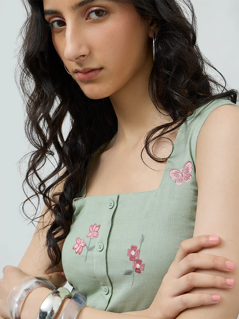 Bombay Paisley Sage Floral Embroidered Cotton-Blend Top - Image 3