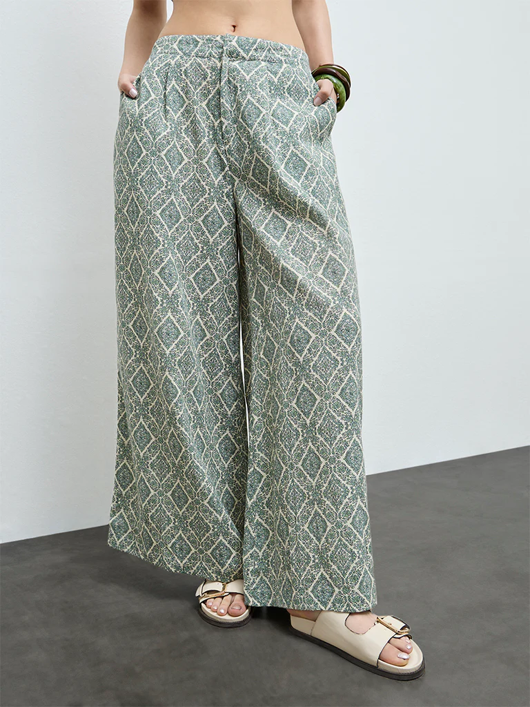 Bombay Paisley Sage Printed Cotton Palazzos - Image 2