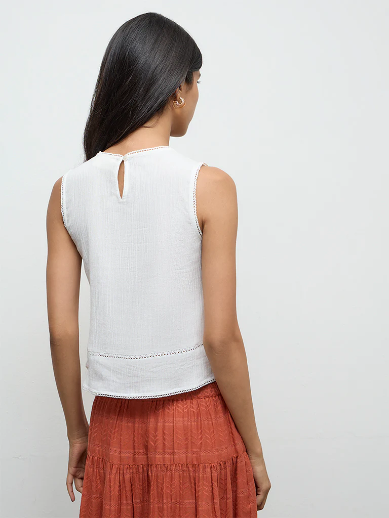 Bombay Paisley White Aztec Embroidered Cotton Top - Image 4