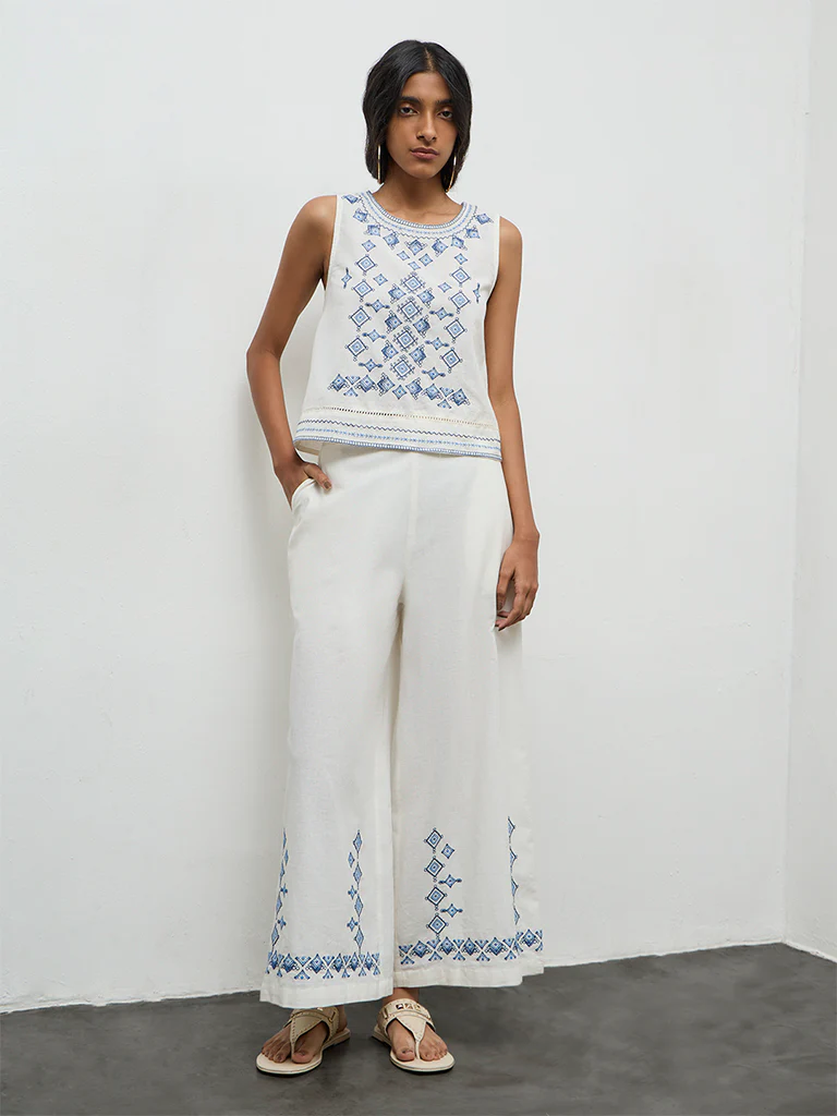 Bombay Paisley White Embroidered Cotton High-Rise Pants - Image 2