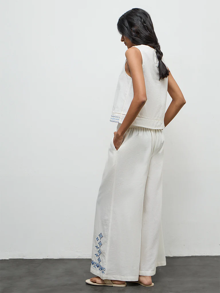 Bombay Paisley White Embroidered Cotton High-Rise Pants - Image 4