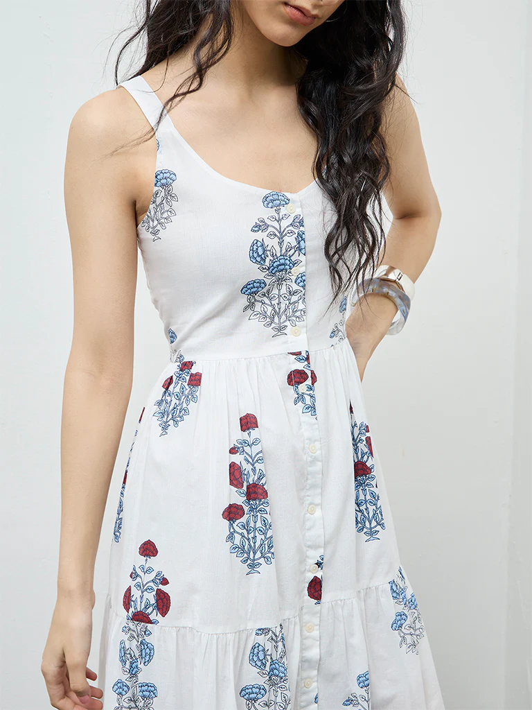 Bombay Paisley White Floral Cotton Tiered Dress - Image 3