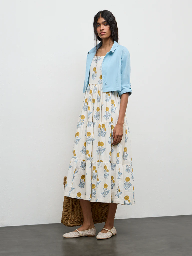 Bombay Paisley White Floral Cotton Tiered Dress With Jacket - Image 2