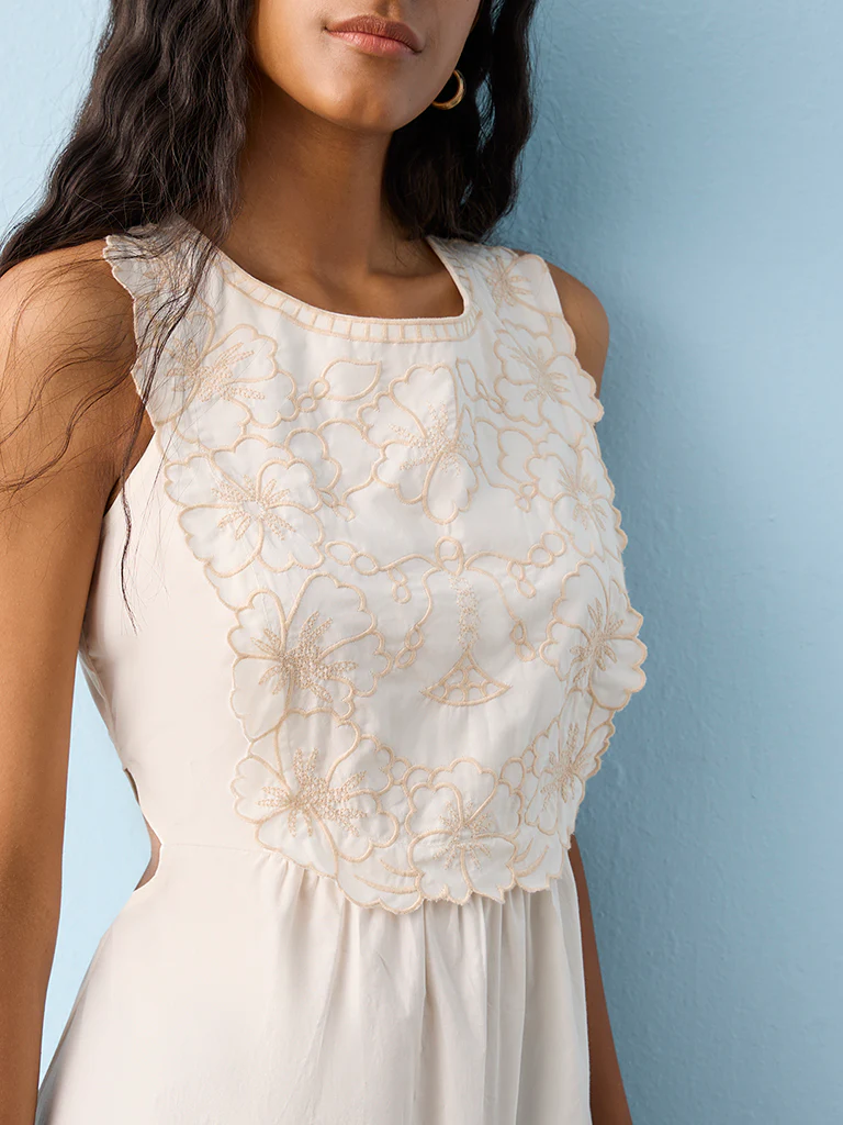 Bombay Paisley White Floral Embroidered Cotton A-Line Dress - Image 3