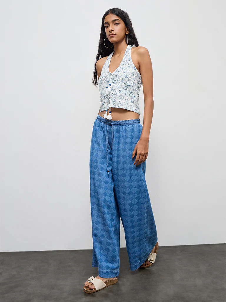Bombay Paisley White Floral Printed Halter-Neck Cotton Top