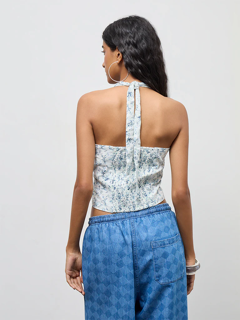 Bombay Paisley White Floral Printed Halter-Neck Cotton Top - Image 4