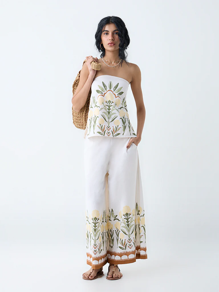 Bombay Paisley White Foliage Print Cotton-Blend Tube Top - Image 2