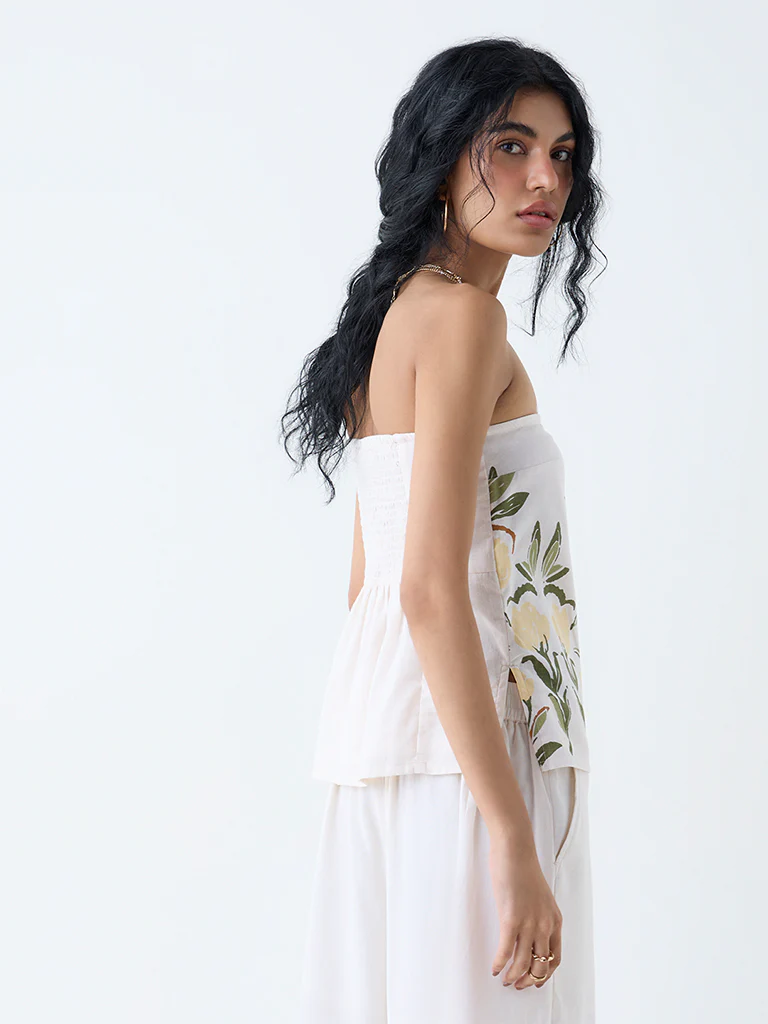 Bombay Paisley White Foliage Print Cotton-Blend Tube Top - Image 4