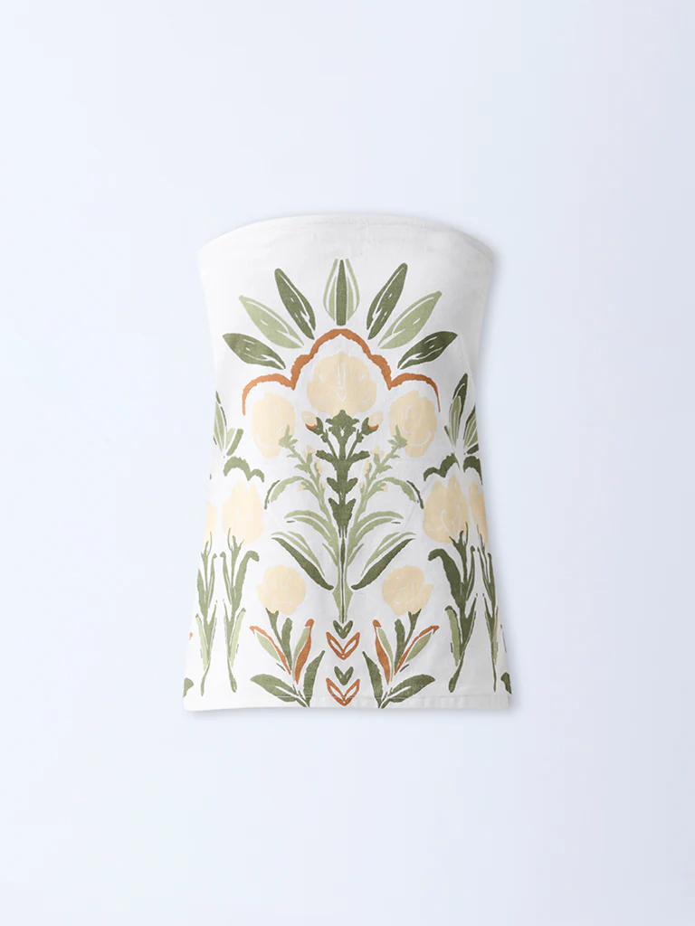 Bombay Paisley White Foliage Print Cotton-Blend Tube Top - Image 5