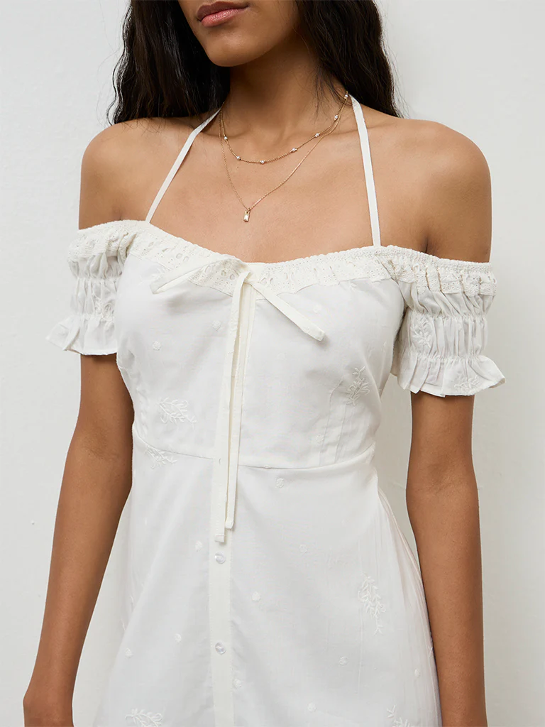 Bombay Paisley White Off-Shoulder Cotton A-Line Dress - Image 3