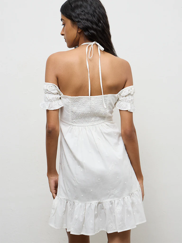 Bombay Paisley White Off-Shoulder Cotton A-Line Dress - Image 4