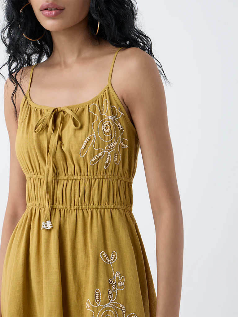 Bombay Paisley Yellow Embroidered Cotton A-Line Dress - Image 3