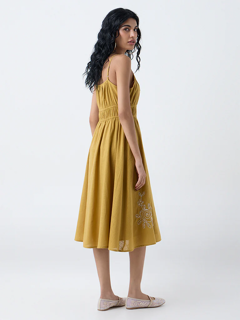 Bombay Paisley Yellow Embroidered Cotton A-Line Dress - Image 4