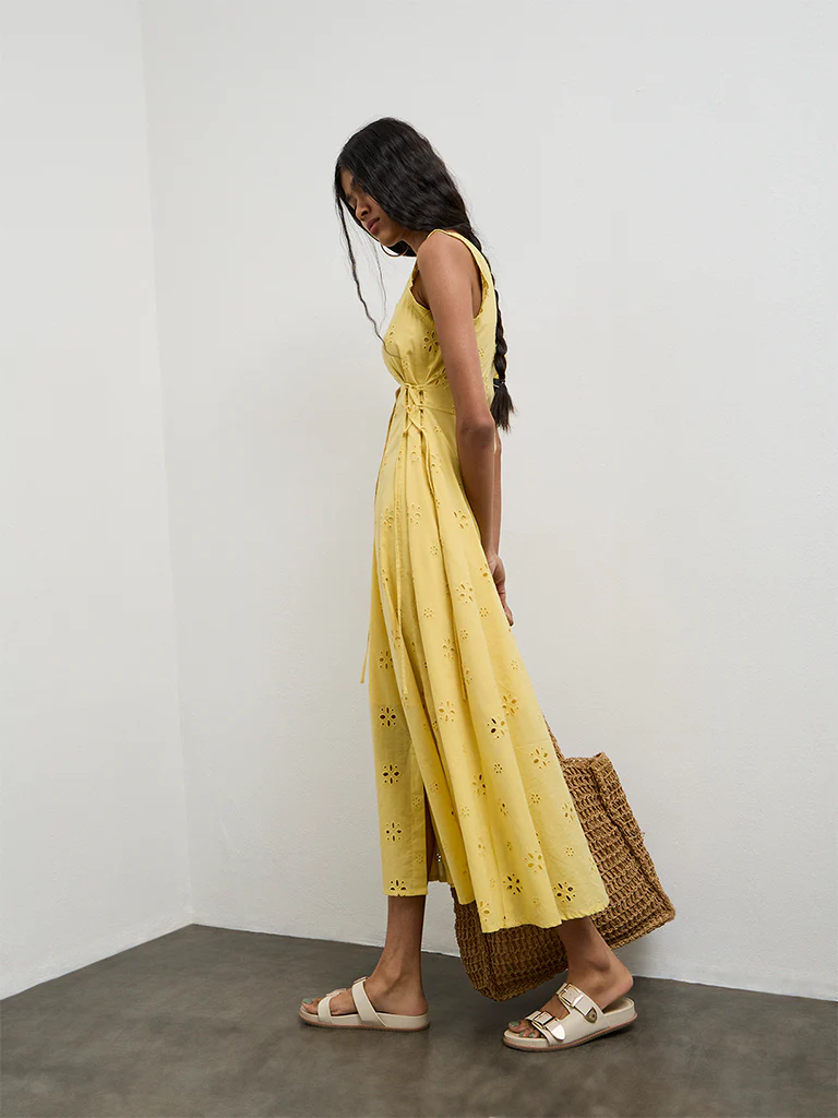 Bombay Paisley Yellow Embroidered Cotton A-Line Dress - Image 2