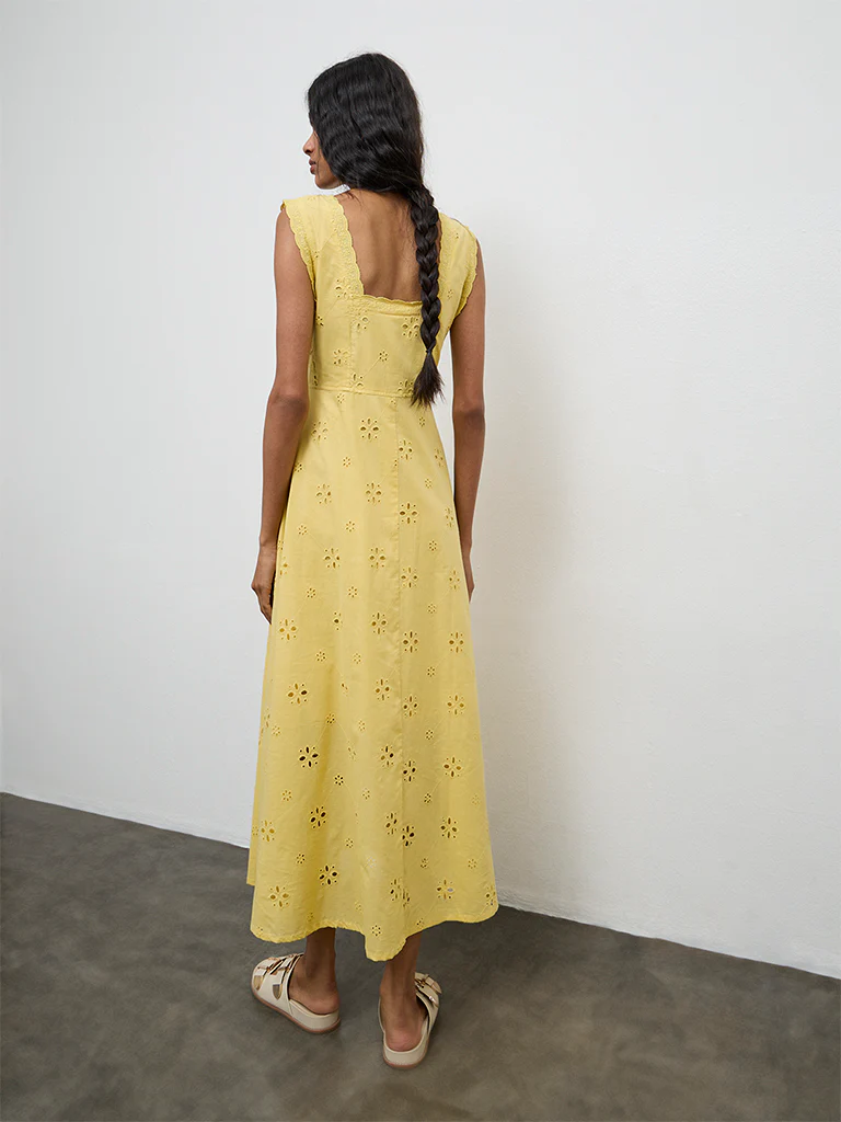 Bombay Paisley Yellow Embroidered Cotton A-Line Dress - Image 4