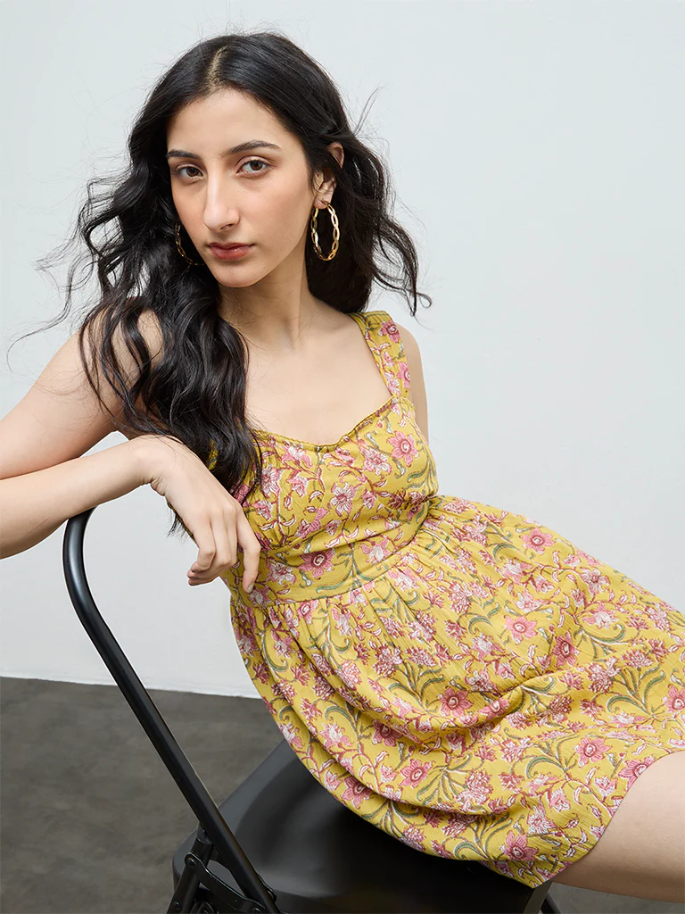Bombay Paisley Yellow Floral Cotton A-Line Dress - Image 2