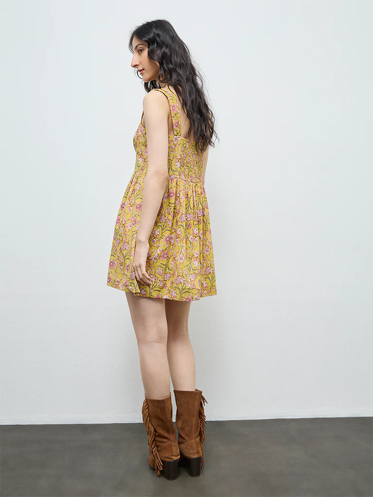 Bombay Paisley Yellow Floral Cotton A-Line Dress - Image 4