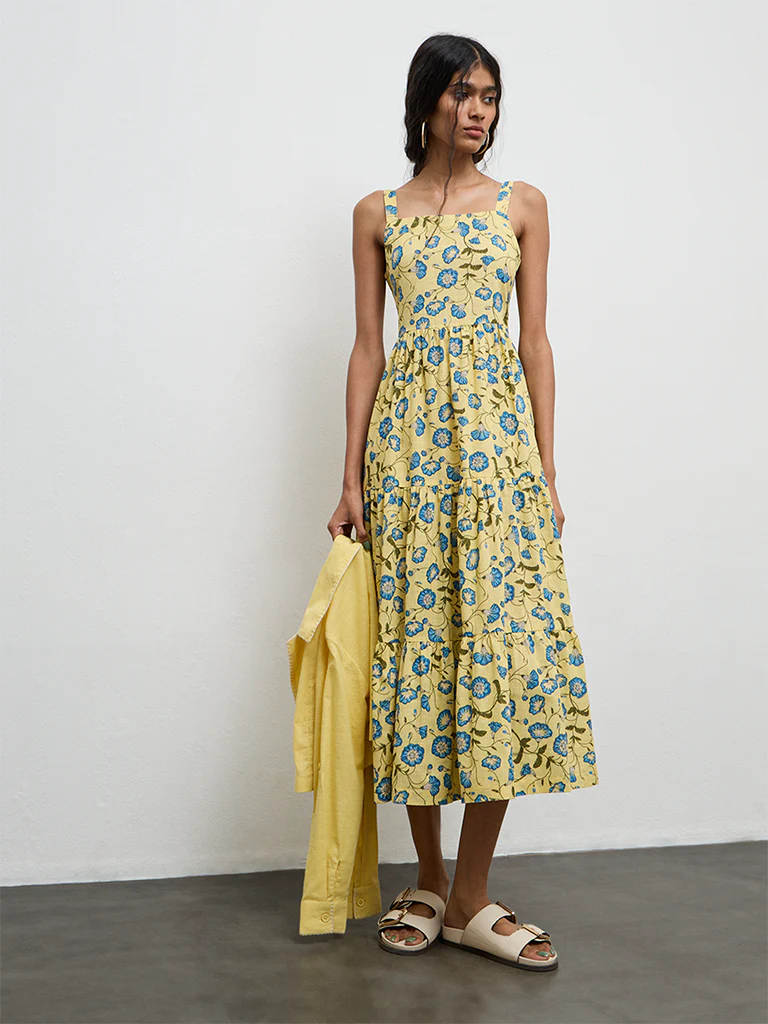 Bombay Paisley Yellow Floral Cotton Tiered Dress With Jacket - Image 2