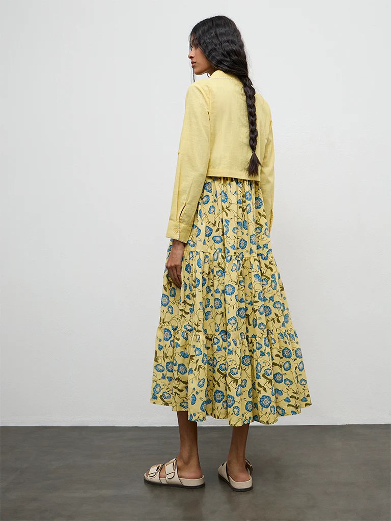 Bombay Paisley Yellow Floral Cotton Tiered Dress With Jacket - Image 4