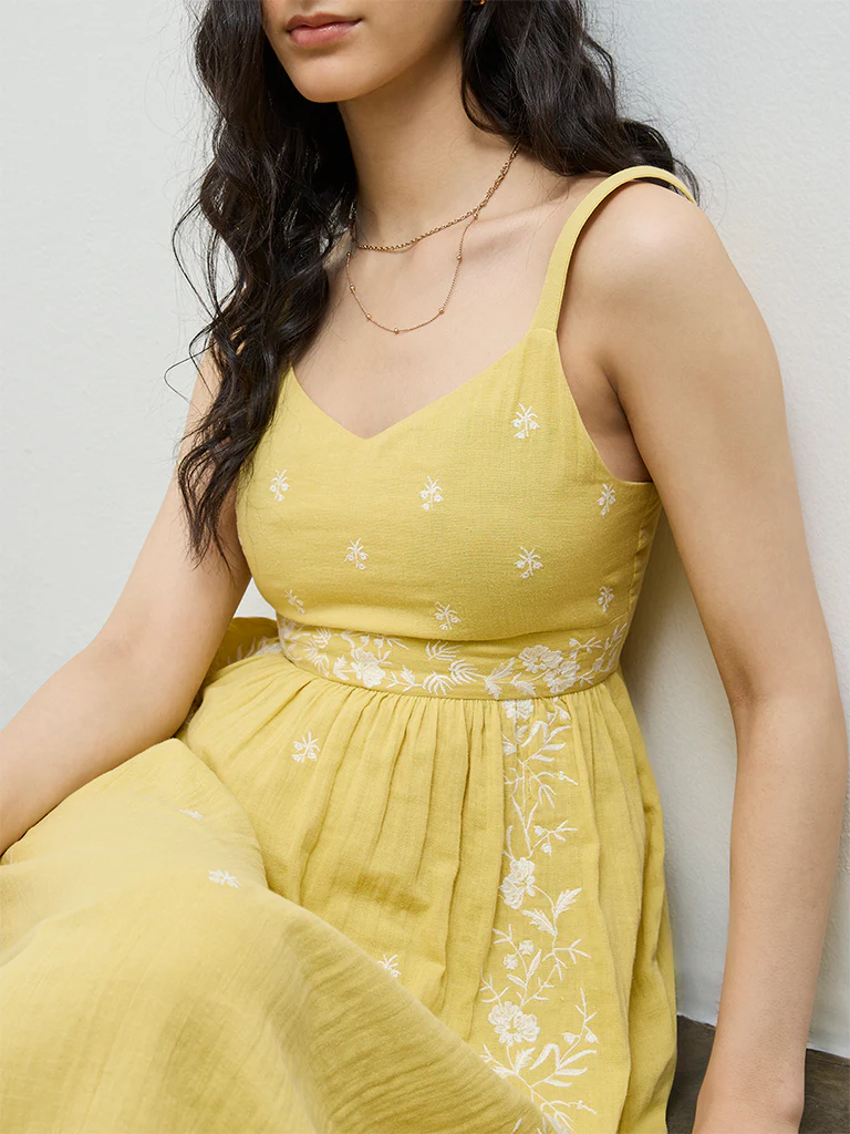 Bombay Paisley Yellow Floral Embroidered Cotton A-Line Dress - Image 3
