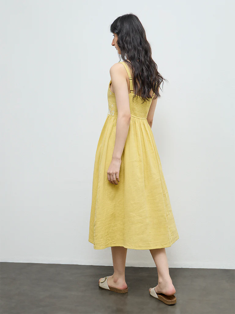 Bombay Paisley Yellow Floral Embroidered Cotton A-Line Dress - Image 4