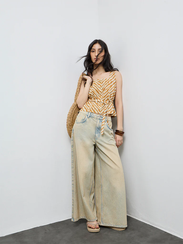 Bombay Paisley Yellow Printed Cotton-Blend Top with Belt - Image 2