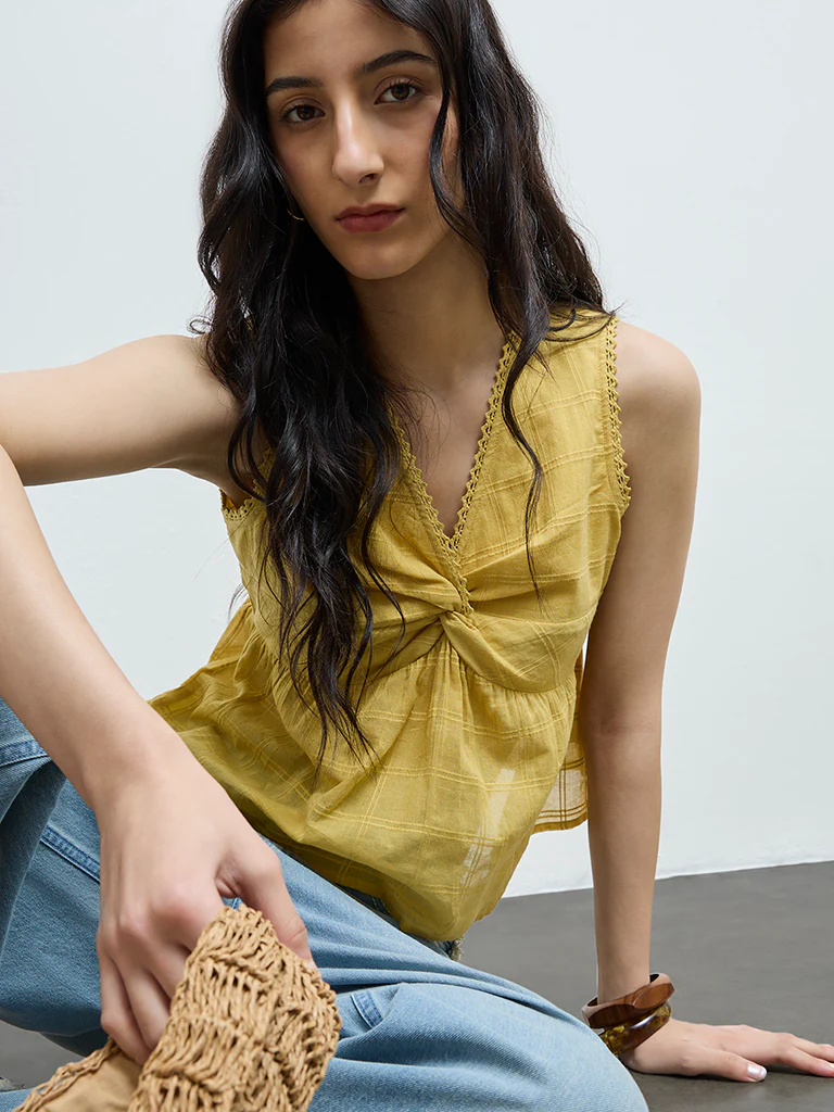 Bombay Paisley Yellow Ruched Cotton Top - Image 3
