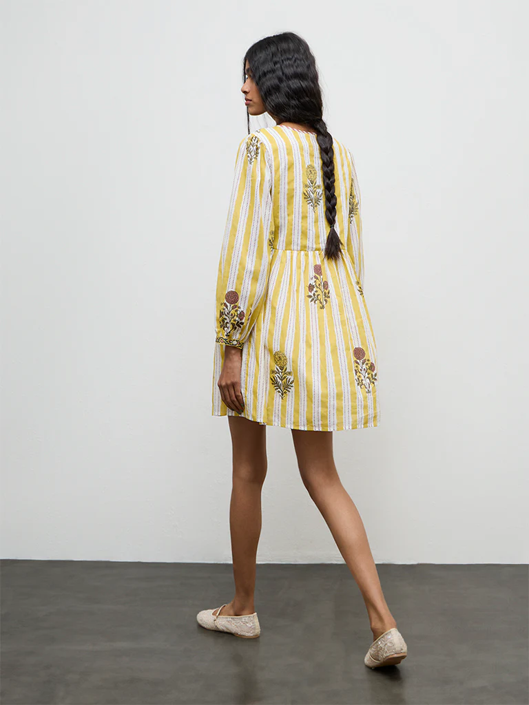 Bombay Paisley Yellow Striped Cotton A-Line Dress - Image 4