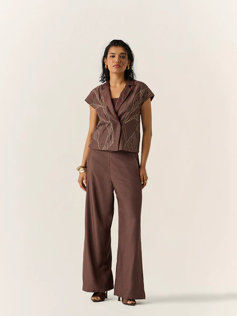 Co-ord Set with embroidery – Brown - Image 2