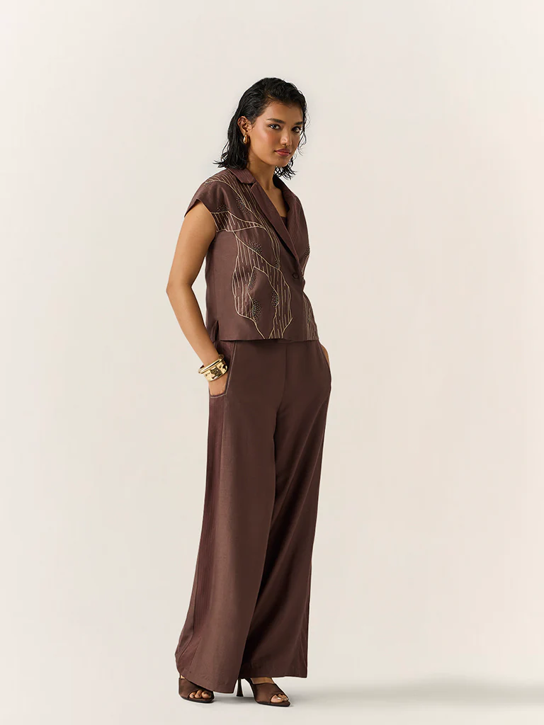 Co-ord Set with embroidery – Brown - Image 3