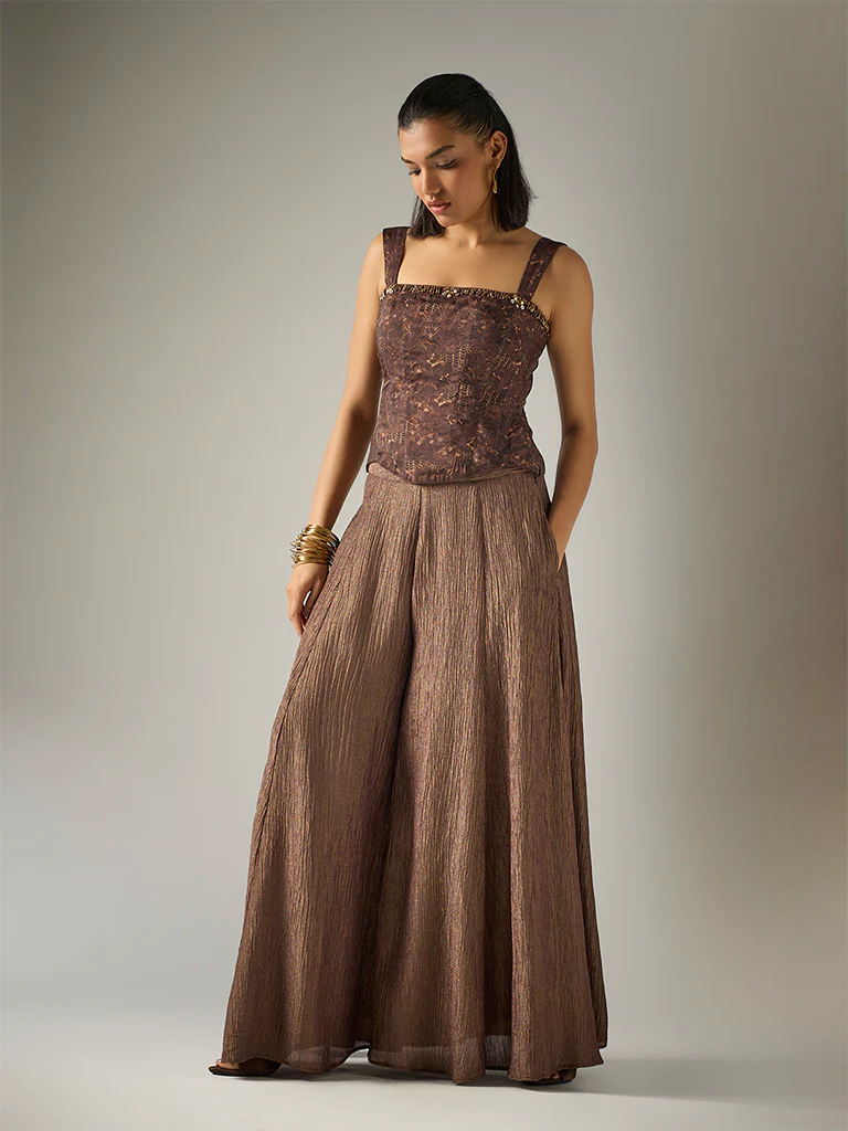 Crushed Tissue Palazzos – Brown - Image 2