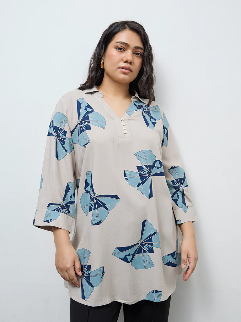 Diza Beige Butterfly Printed High-Low Tunic