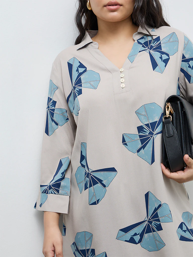 Diza Beige Butterfly Printed High-Low Tunic - Image 3
