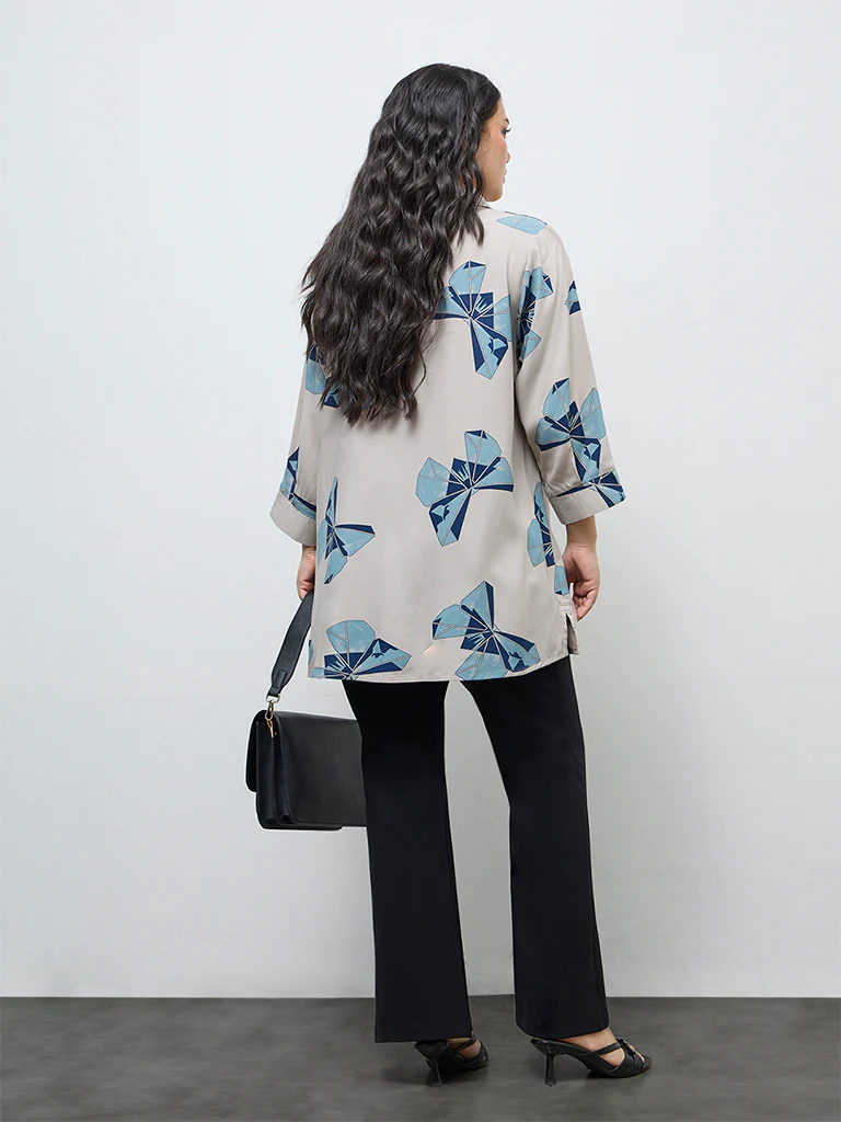 Diza Beige Butterfly Printed High-Low Tunic - Image 4