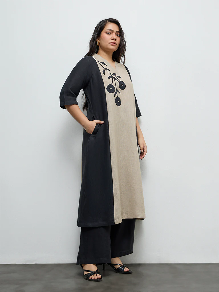 Diza Beige Floral Embroidered A-Line Linen Kurta
