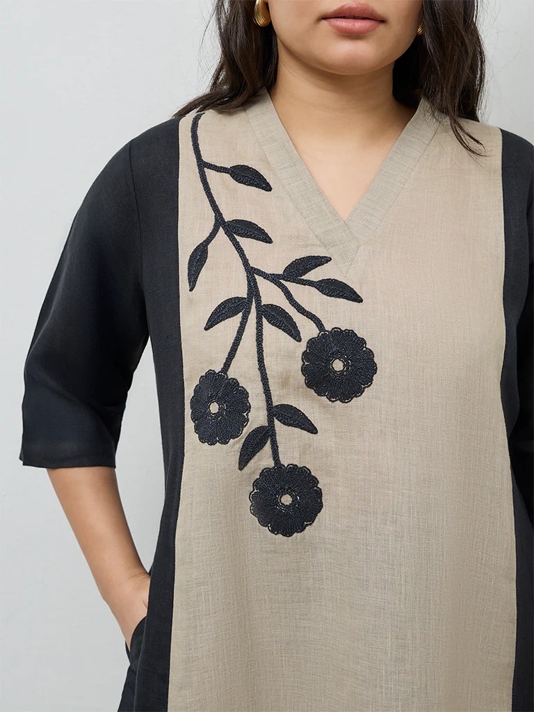 Diza Beige Floral Embroidered A-Line Linen Kurta - Image 3