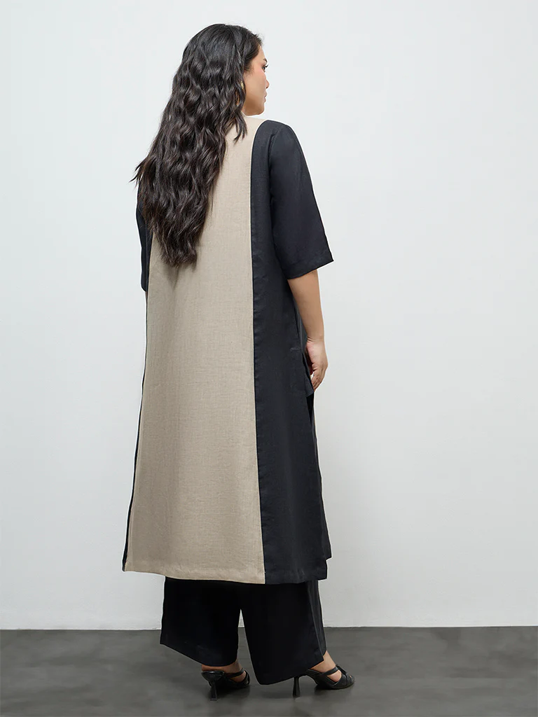 Diza Beige Floral Embroidered A-Line Linen Kurta - Image 4