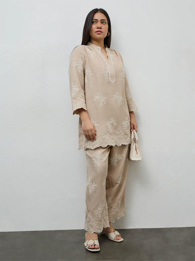 Diza Beige Floral Embroidered Tunic