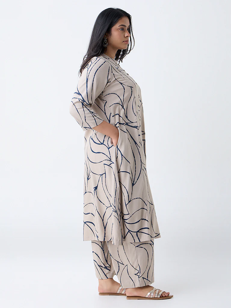 Diza Beige Printed A-Line Kurta - Image 2