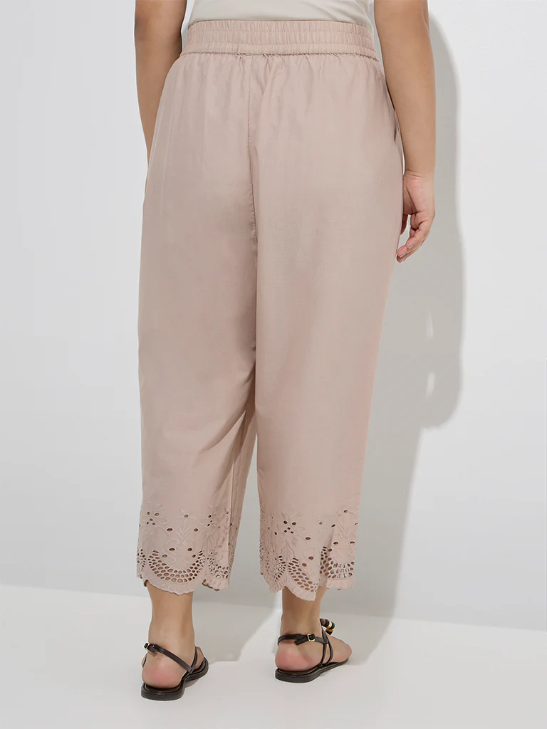 Diza Beige Schiffli Detailed Cotton Ethnic Pants - Image 4