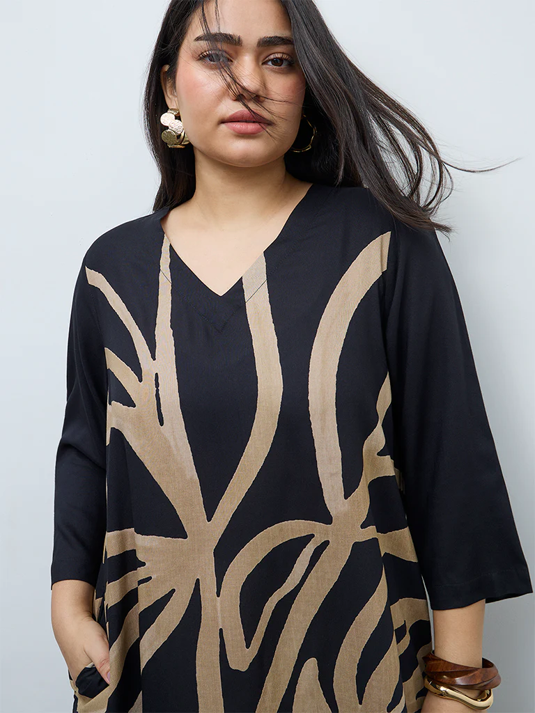 Diza Black Abstract Printed A-Line Kurta - Image 3