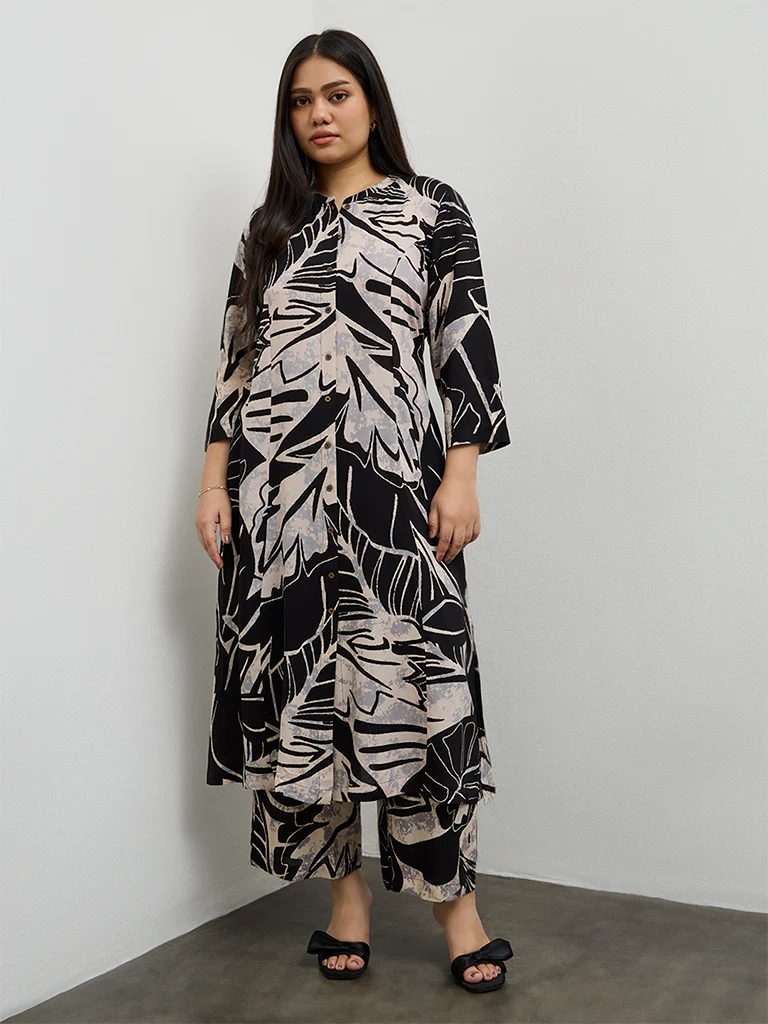 Diza Black Botanical Design A-Line Kurta