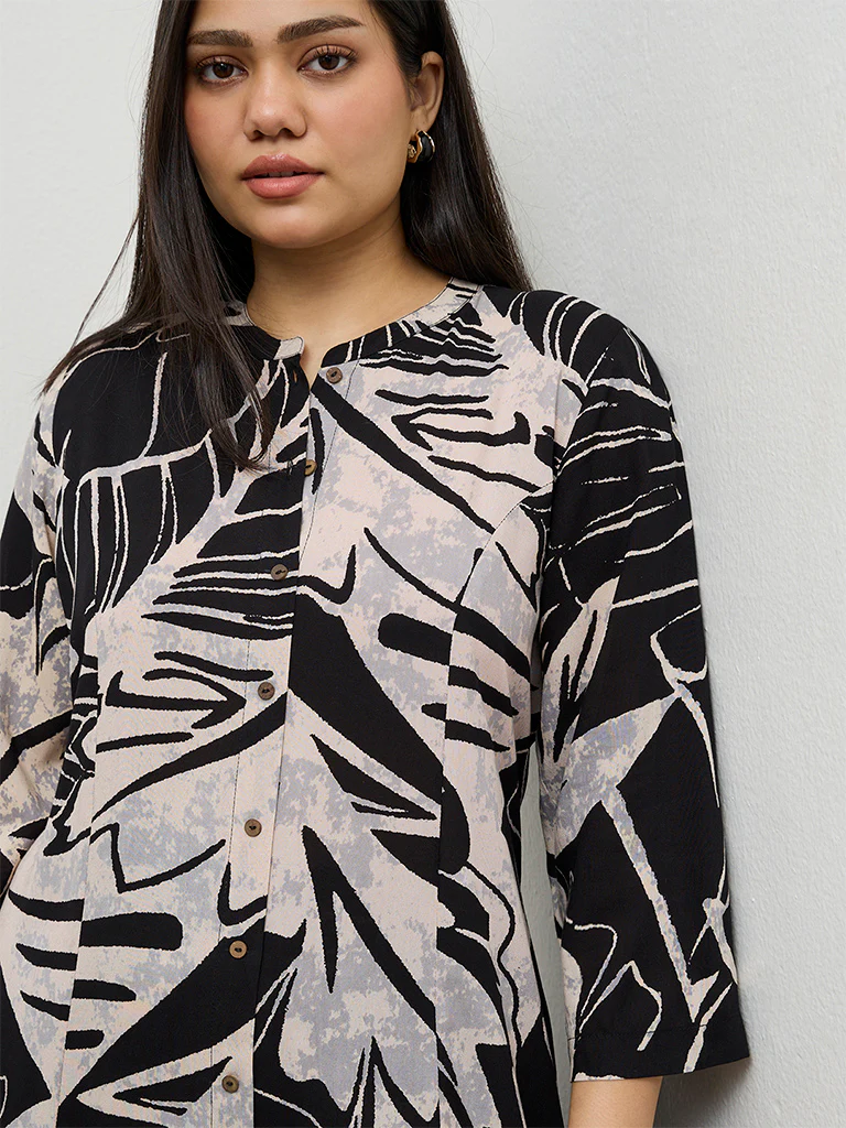 Diza Black Botanical Design A-Line Kurta - Image 3