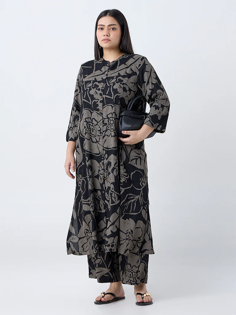 Diza Black Botanical-Printed A-Line Kurta - Image 2