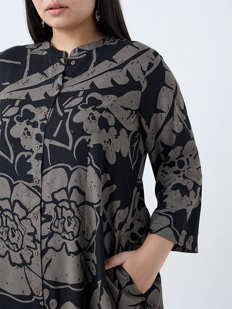Diza Black Botanical-Printed A-Line Kurta - Image 3