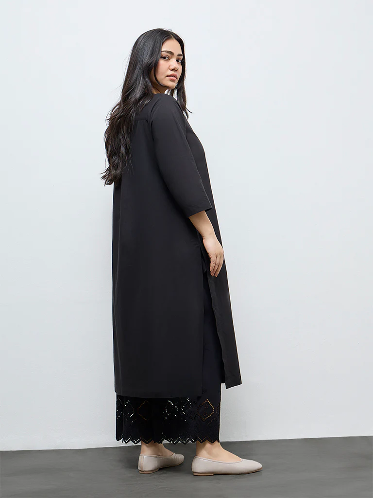 Diza Black Embroidered Cotton A-Line Kurta - Image 4