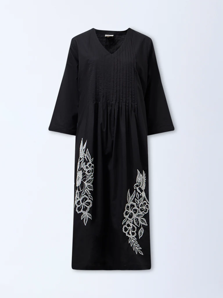 Diza Black Embroidered Cotton A-Line Kurta - Image 5