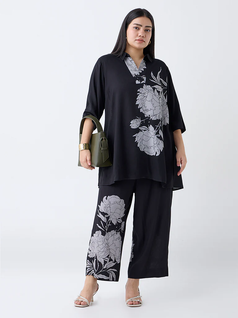 Diza Black Floral Design Ethnic Pants - Image 2