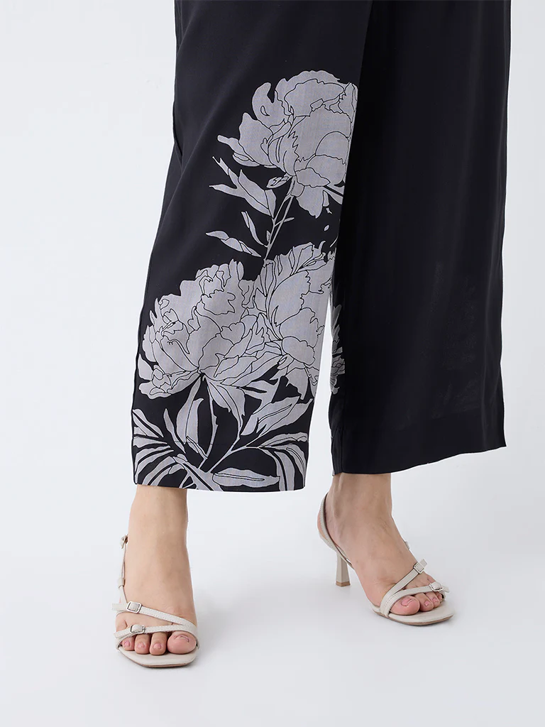 Diza Black Floral Design Ethnic Pants - Image 3