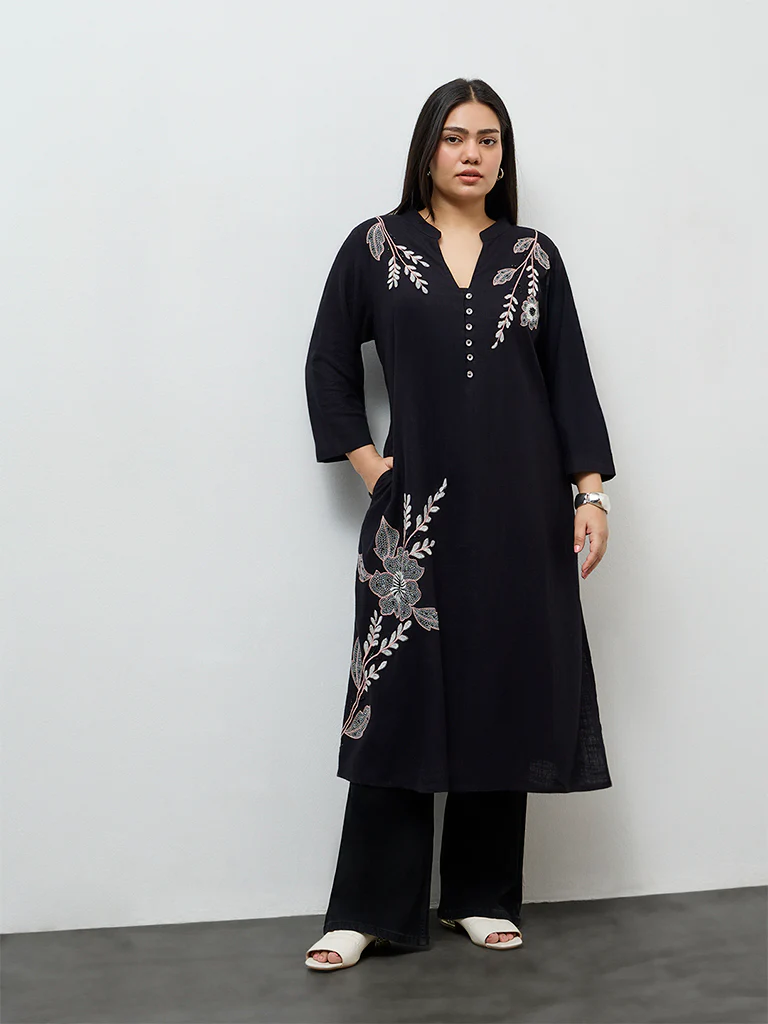 Diza Black Floral Embroidered A-Line Kurta - Image 2